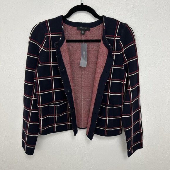 Ann Taylor Cardigan Sweater Windowpane Check Red Blue Button Down Career Size MP - Picture 8 of 10